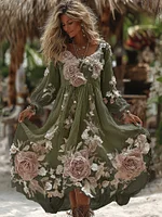 Women's Vintage Romantic White Rose Embroidery Art Comfy Linen Maxi Dress - Image 3