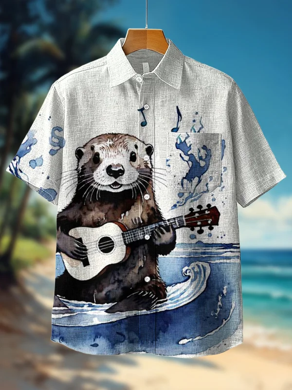 Men's Otter Playing Guitar Watercolor Art Print Short Sleeve Shirt