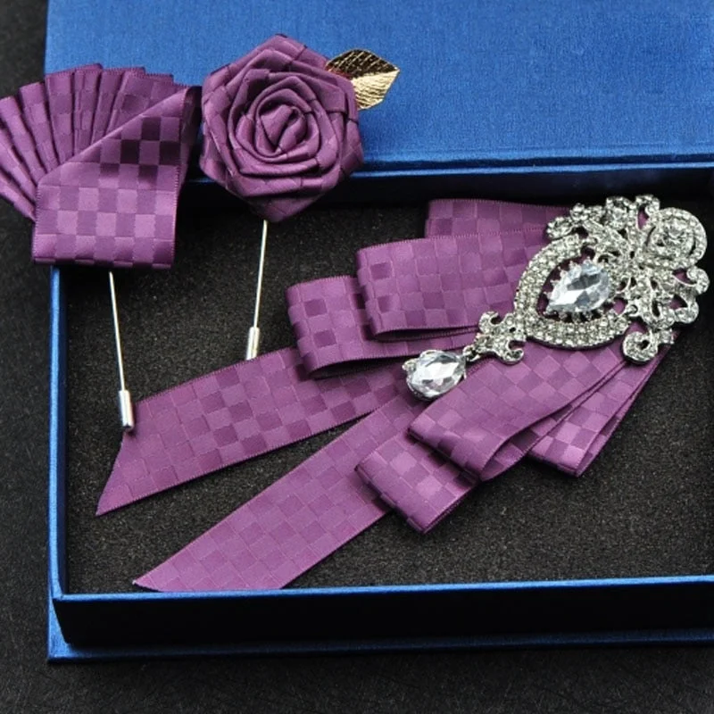 High-quality Fashion Handmade Red Diamond Bow Tie Wedding Collar Bowtie Brooch Pocket Towel Square Set Gifts for Men Accessories