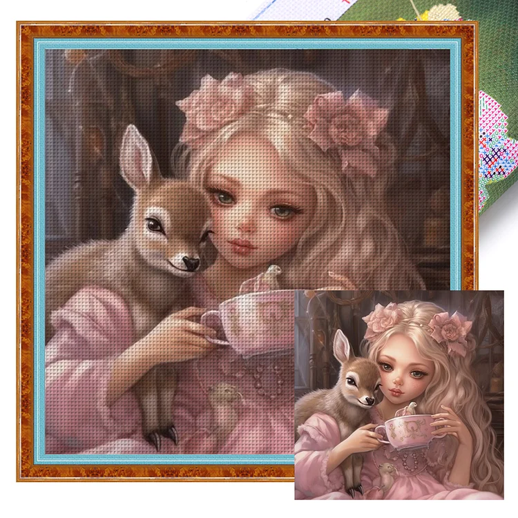 【Huacan Brand】Girl With Deer 16CT Stamped Cross Stitch 40*40CM