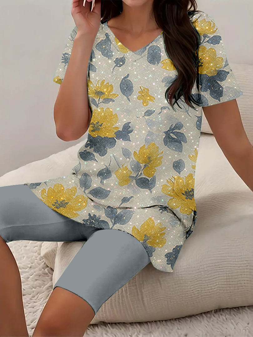 Women Long Sleeve V-neck Graphic Floral Printed Top
