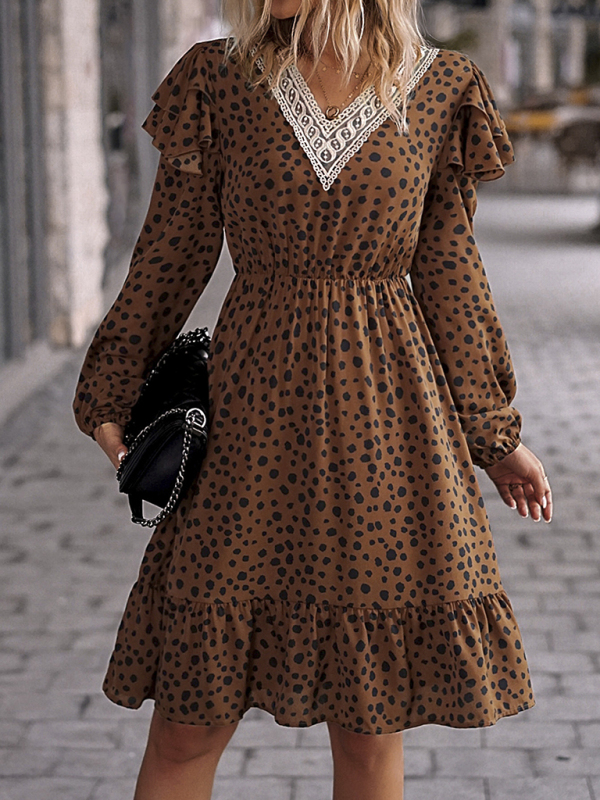 Mature Women Casual Ruffled Lace Patchwork V-neck Short Dress