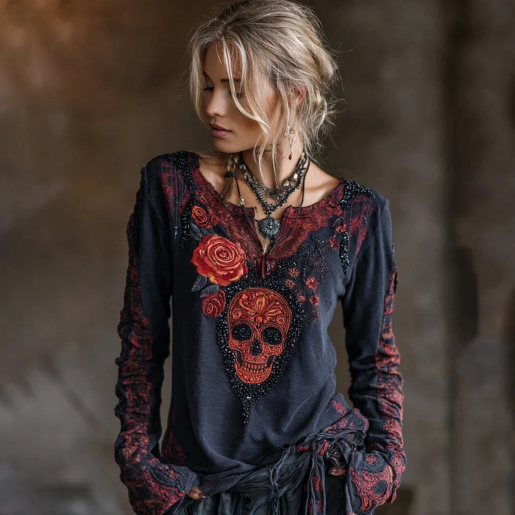 Vintage Rose Skull Contrast Color V-neck T-shirt