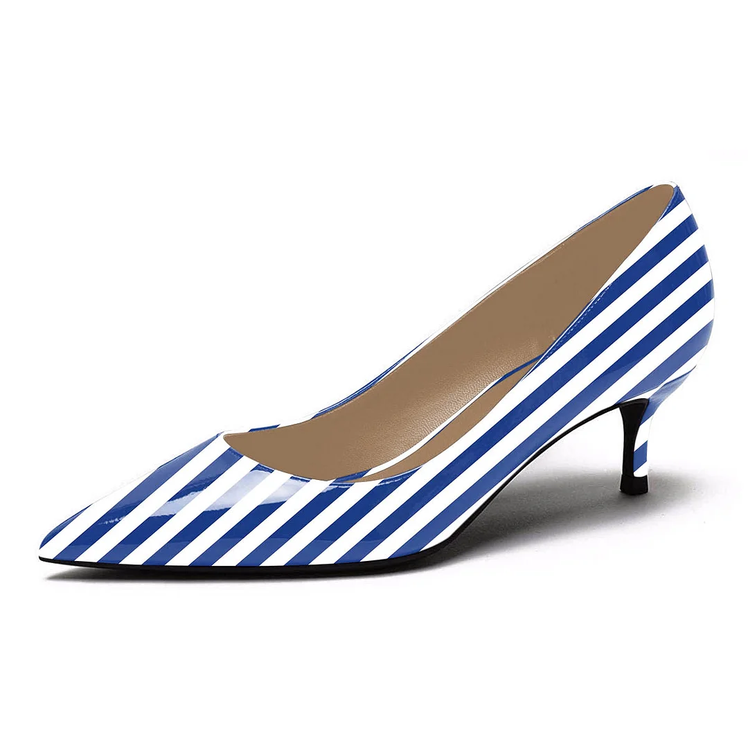 YDN White & Blue Stripes Kitten Heel Patent Leather Pumps for Women