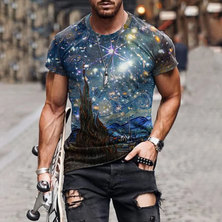 BrosWear Men'S Classic Star Print Painting Short Sleeve T-Shirt