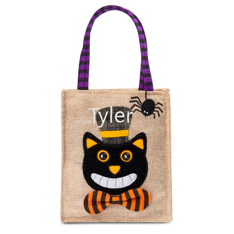 Black Cat-Personalized 1 Name Halloween Tote Bags Custom Kids Halloween Trick or Treat Candy Bags with Black Cat