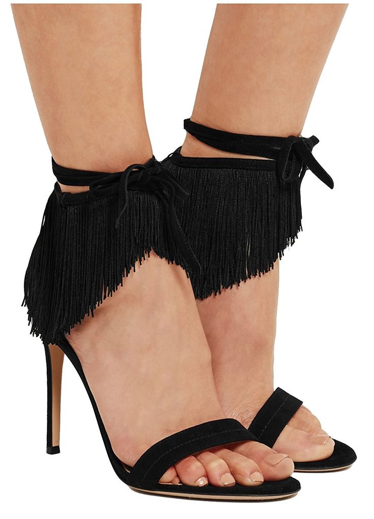 GOOSHOE Suede Black Fringe Open Toe Stiletto Heels Sandals