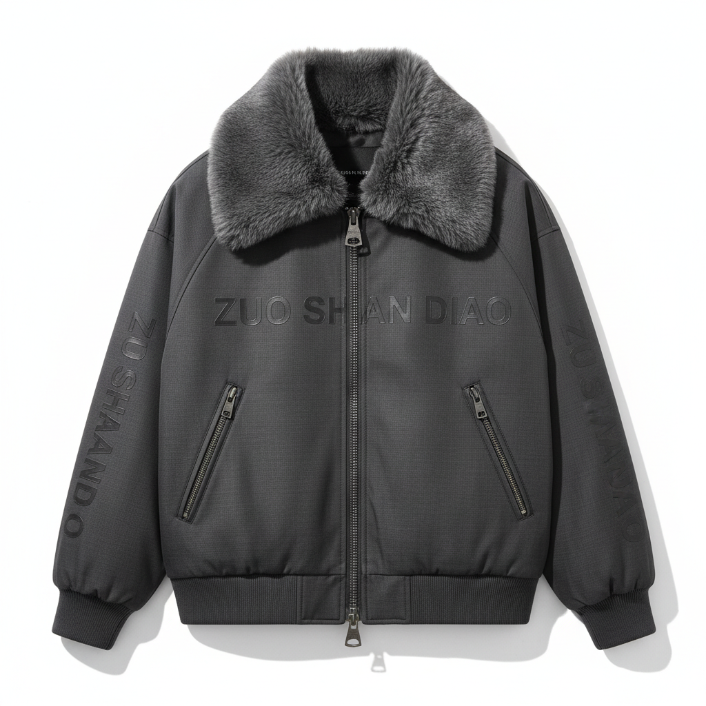 thesupersurf Black Faux Fur Collar Bomber Jacket with Embossed Logo 
