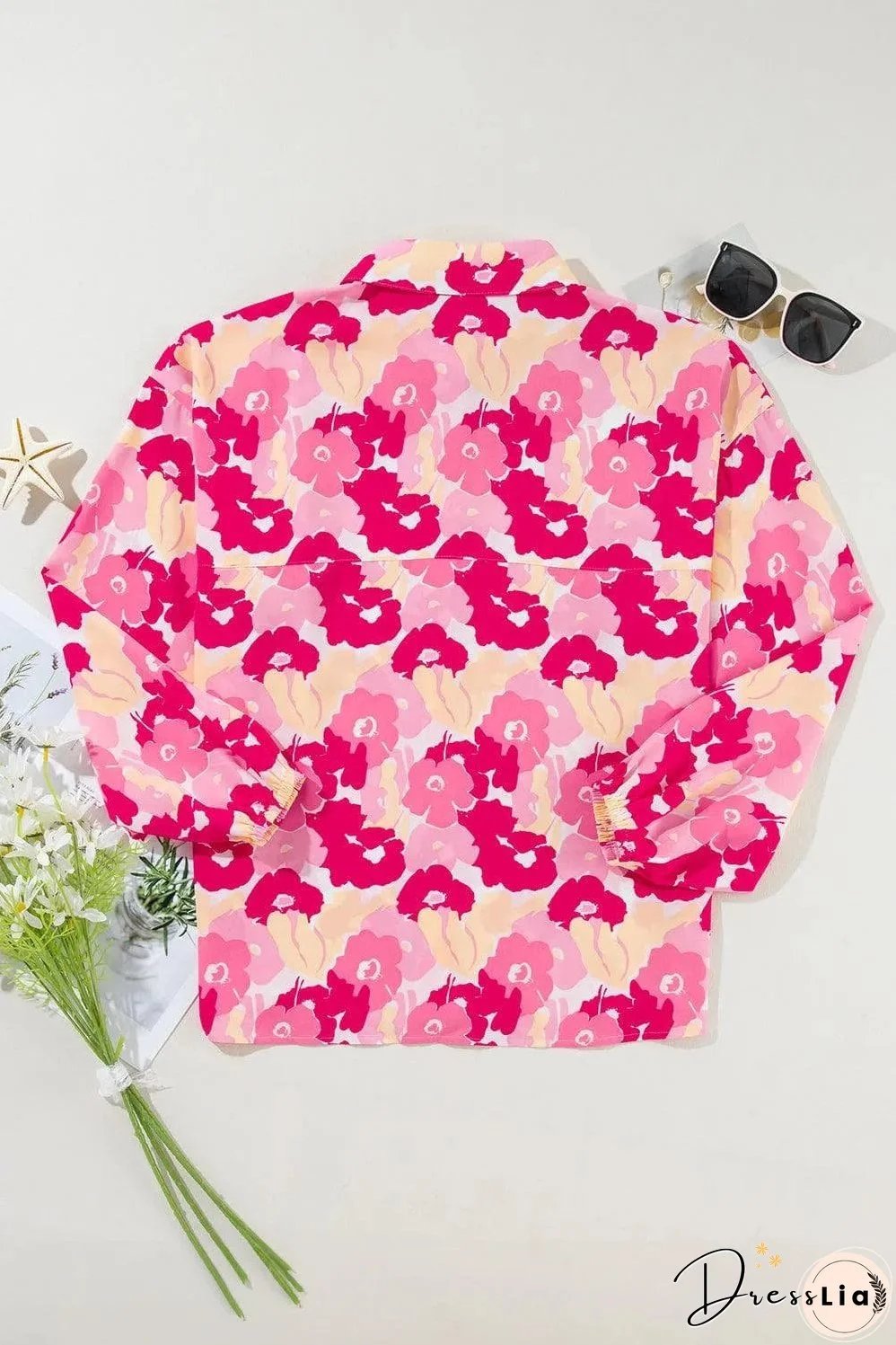 Pink Blooming Floral Print Puff Sleeve Buttoned Shirt