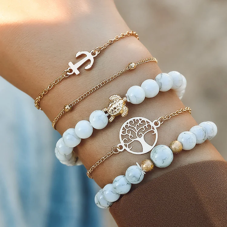 5PCS Simple Geometric Heart-shaped Boat Anchor Bead Turquoise Turtle Bracelet