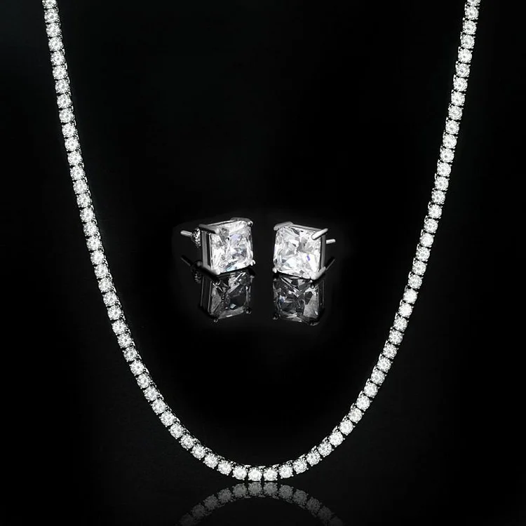 5mm Tennis Chain + Radiant Cut Stud Earrings Set in White Gold