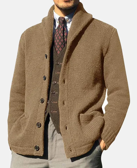 Solid Color Lapel Collar Buttons Utility Pockets Knitted Sweater 