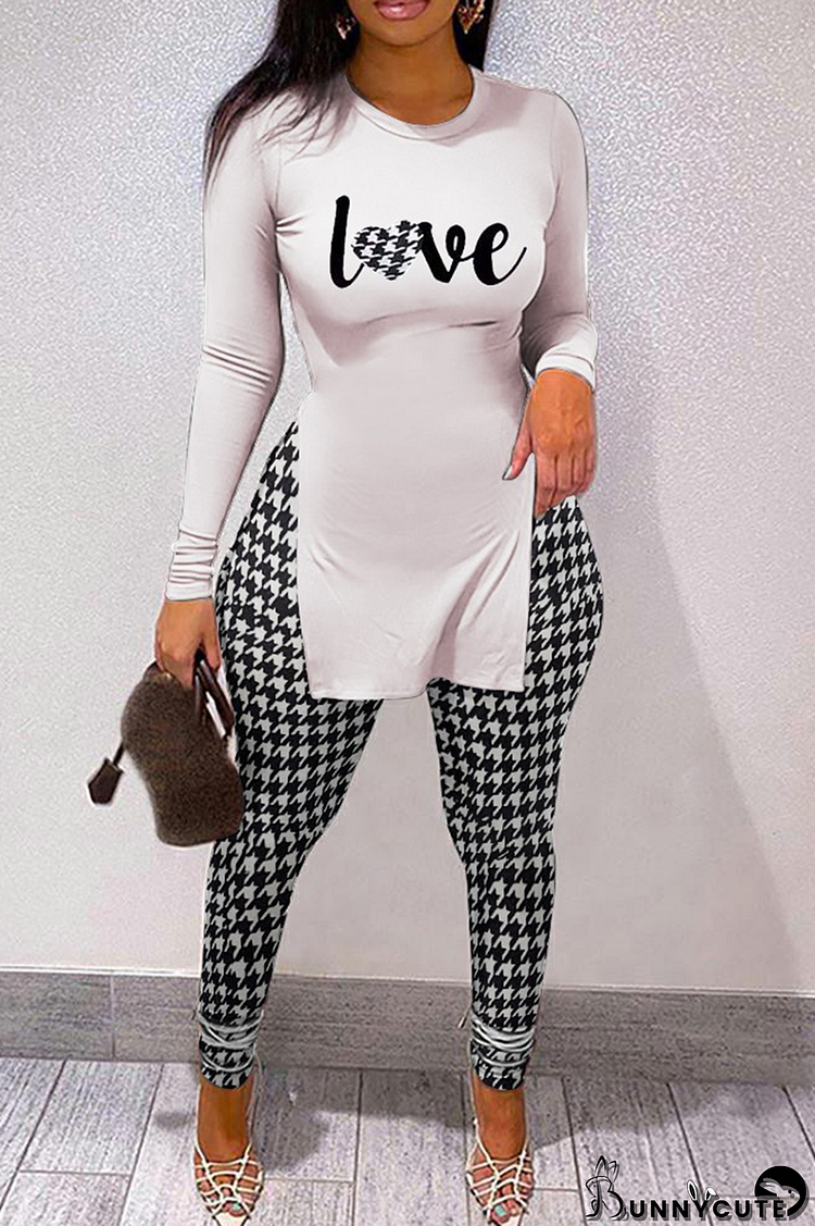 White Black Casual Print Slit Letter O Neck Long Sleeve Two Pieces