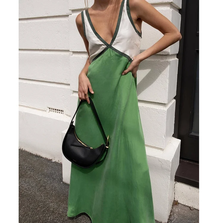 V-Neck Color Matching Low-Cut Sleeveless Loose Dress