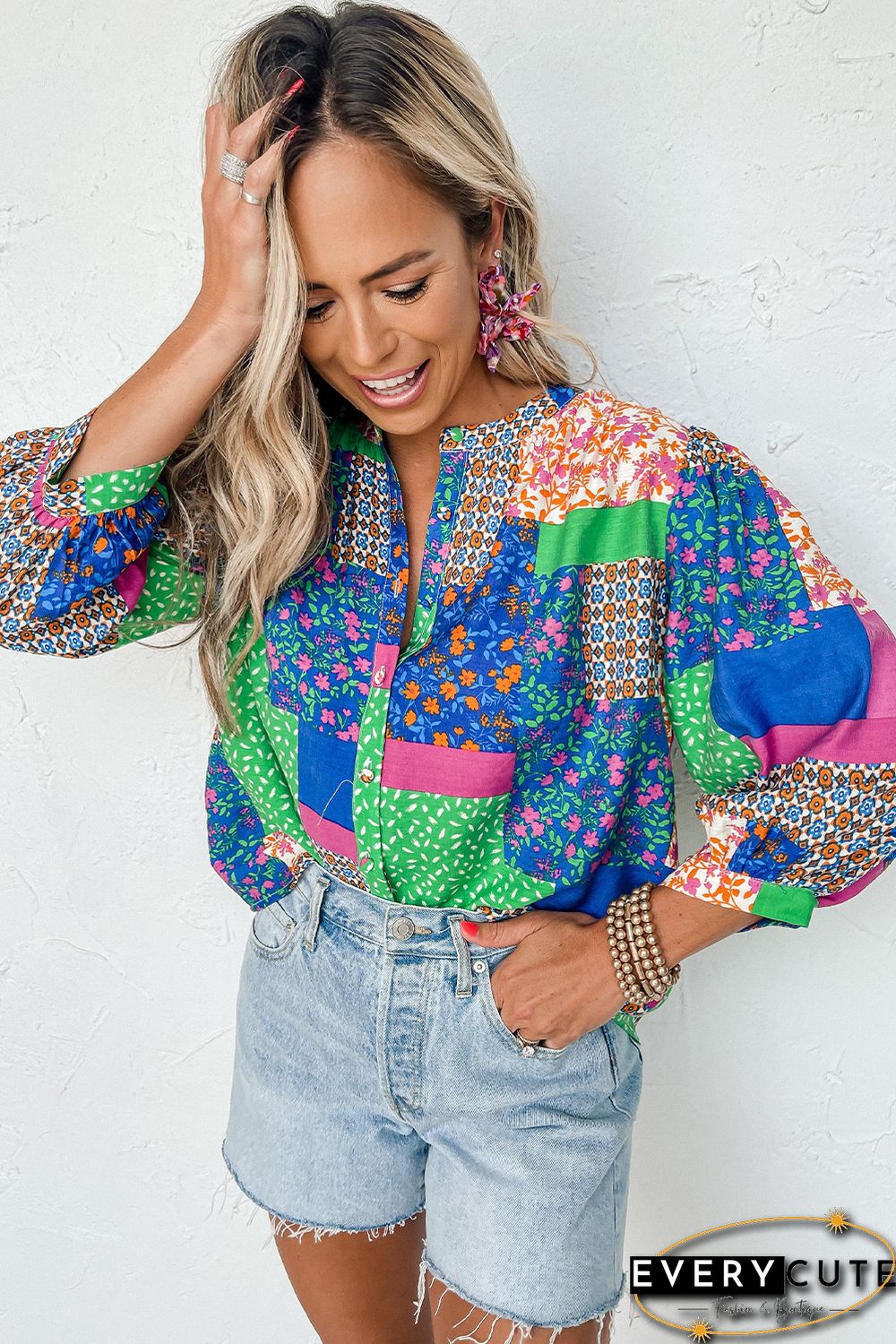 Multicolor Floral Patchwork Print Buttoned Puff Sleeve Shirt