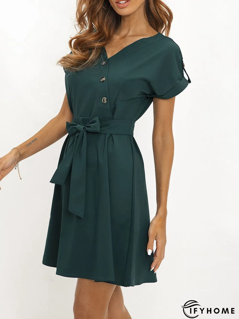 Green Tc V Neck Casual Plain Weaving Dress | IFYHOME