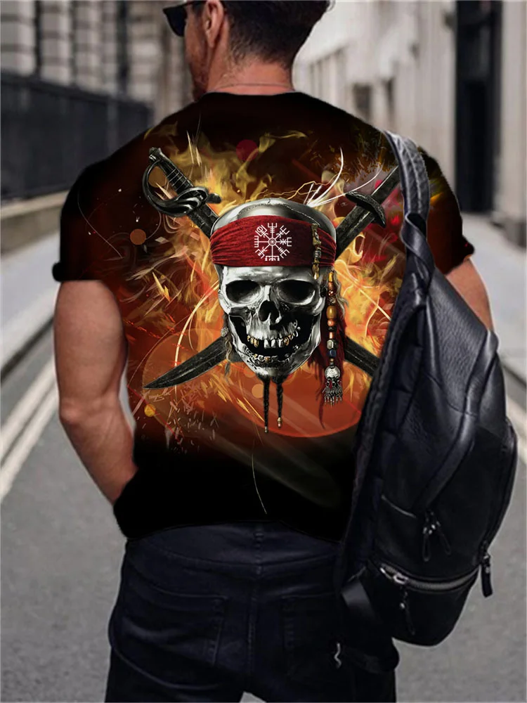 BrosWear Men's Viking Skull Double Bladed Flame T Shirt