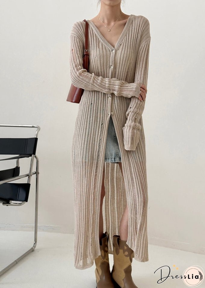 Women Black V Neck Hollow Out Ice Silk Knit Cardigan Fall