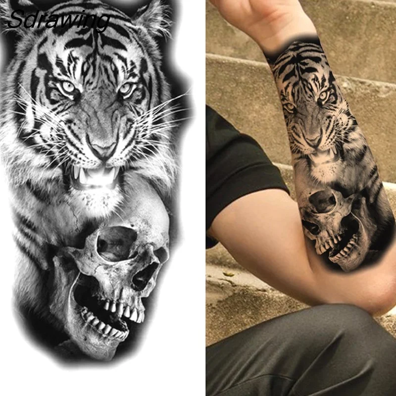 Sdrawing Tiger Temporary Tattoos For Men Women Kids Lion Skull Cross Tattoo Sticker Black Compass Skeleton Tatoos Leg Thigh 328-1
