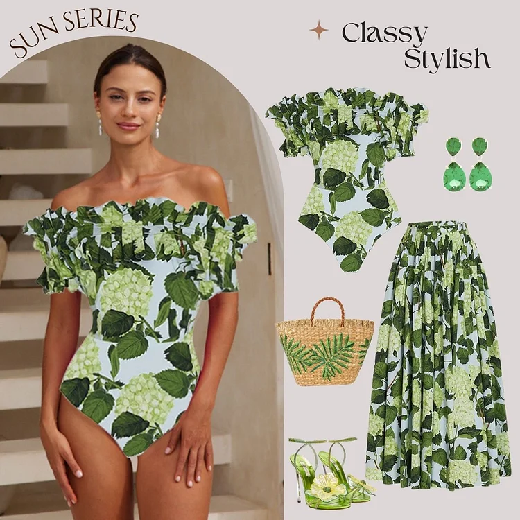 Off Shoulder Hydrangea Print Ruffle One Piece Swimsuit and