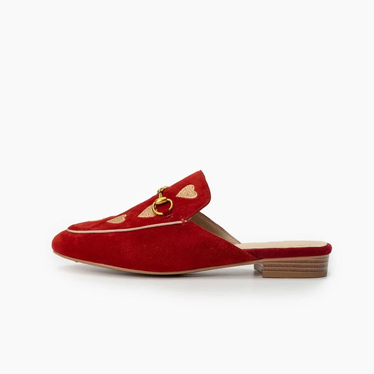 Red Vegan Suede Heart Embroidered Horsebit Mule Loafers |FSJ Shoes
