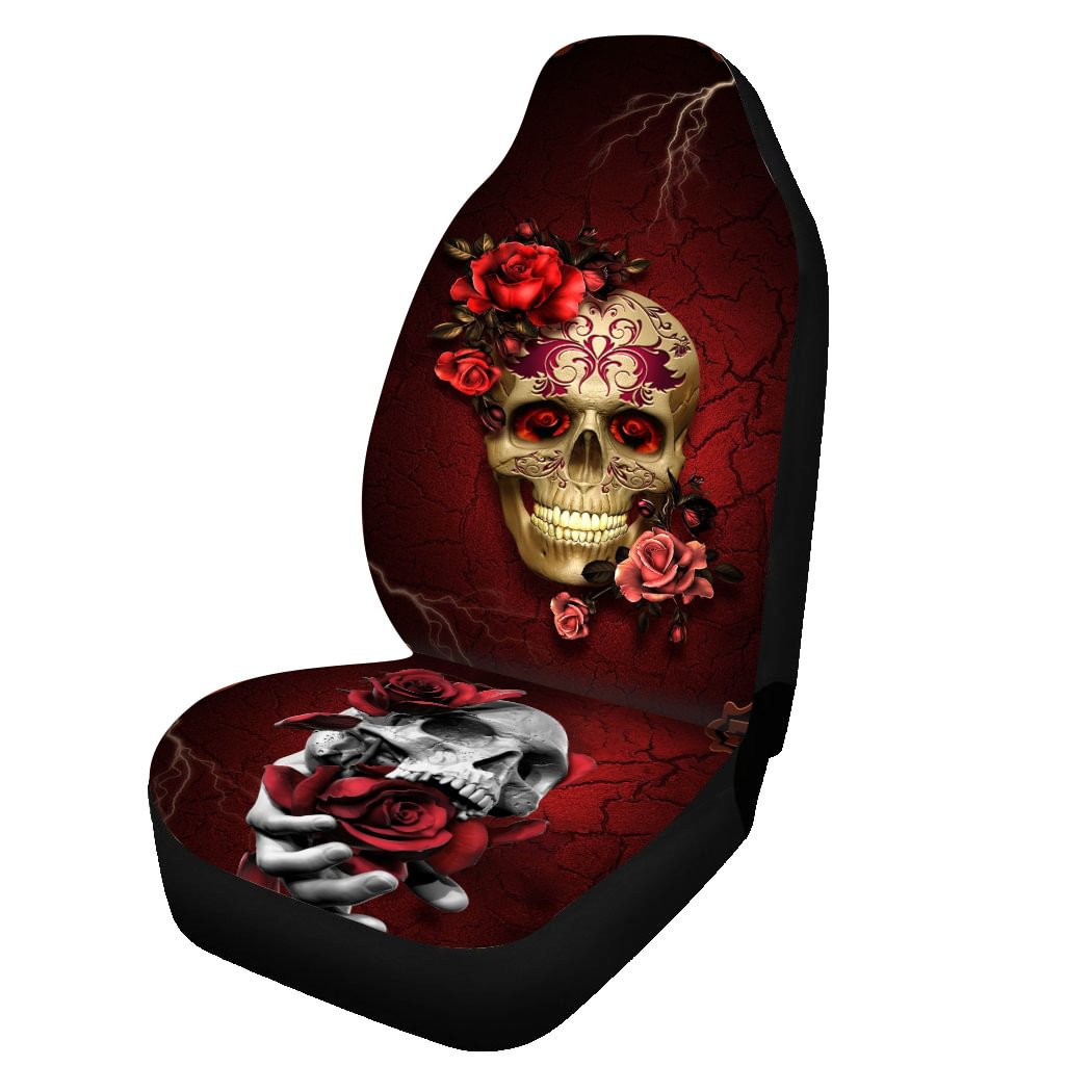 Skull and Rose Front Car Seat Covers. 5-Seater Set Protector Car Mat Covers, Fit Most Vehicle, Cars, Sedan, Truck, SUV, Van