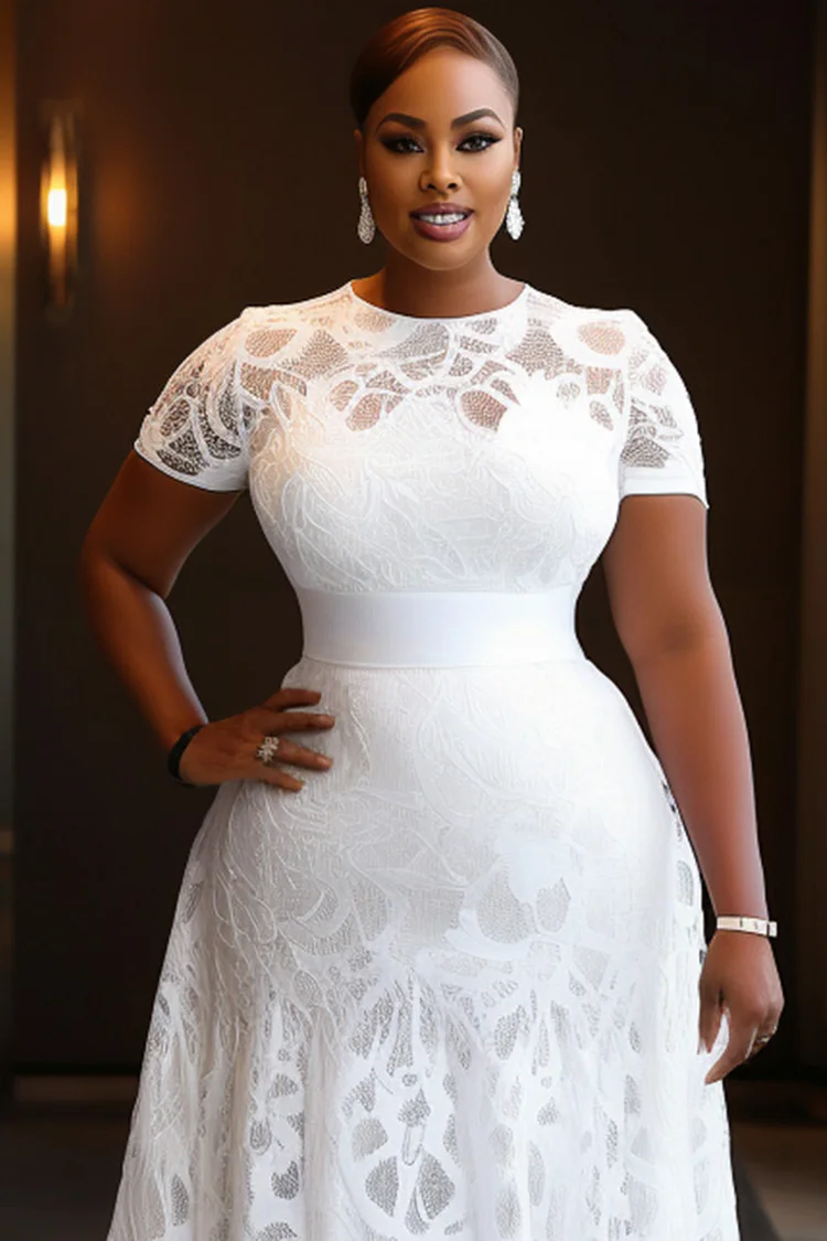 Xpluswear Design Plus Size Wedding White Round Neck Short Sleeve Elegant Guipure Lace Maxi Dresses [Pre-Order]