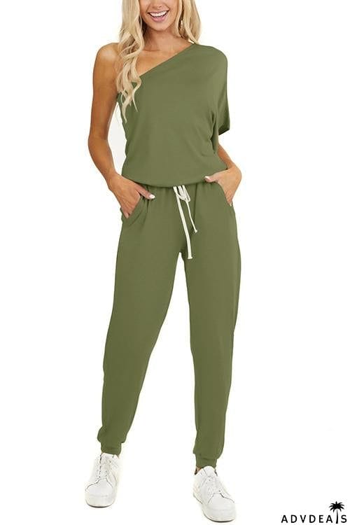 One Shoulder Drawstring Jumpsuits