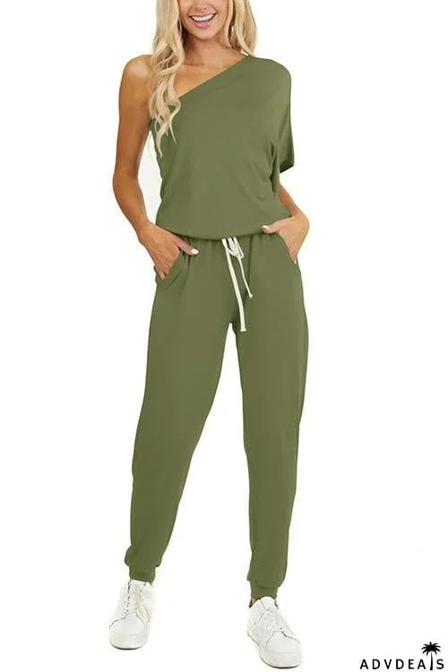 One Shoulder Drawstring Jumpsuits