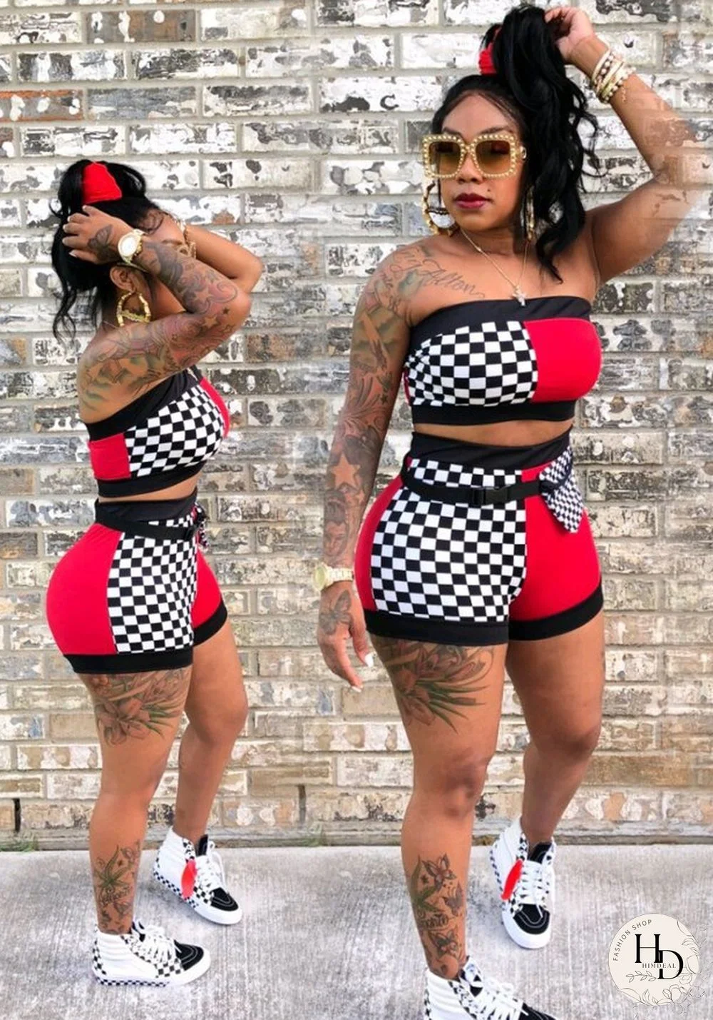 Red Plaid Mid Waist Elastic Waist Two-piece suit