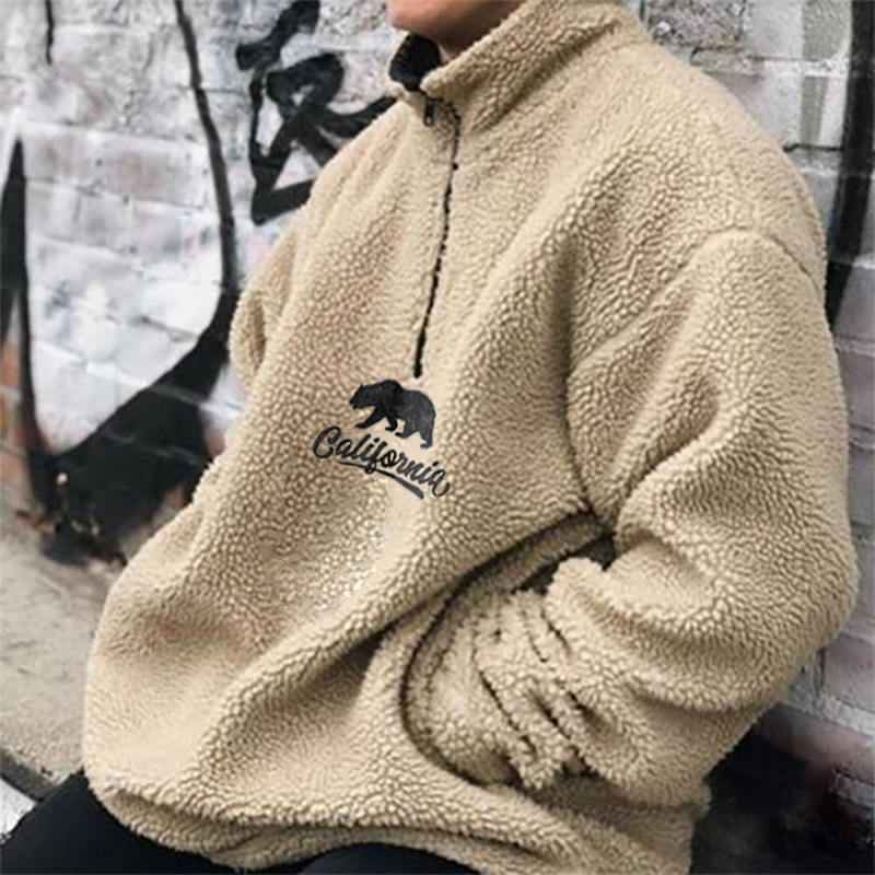 Men's CALIFORNIA Bear Embroidered Lamb Velvet Sweatshirt