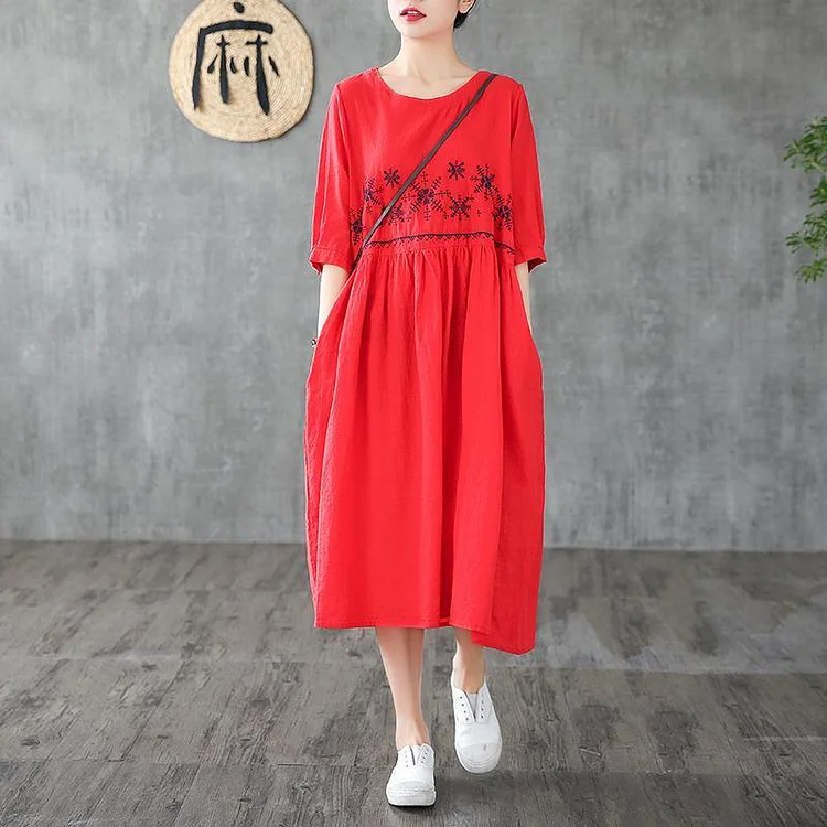 Simple o neck wrinkled linen dresses pattern red embroidery Dress