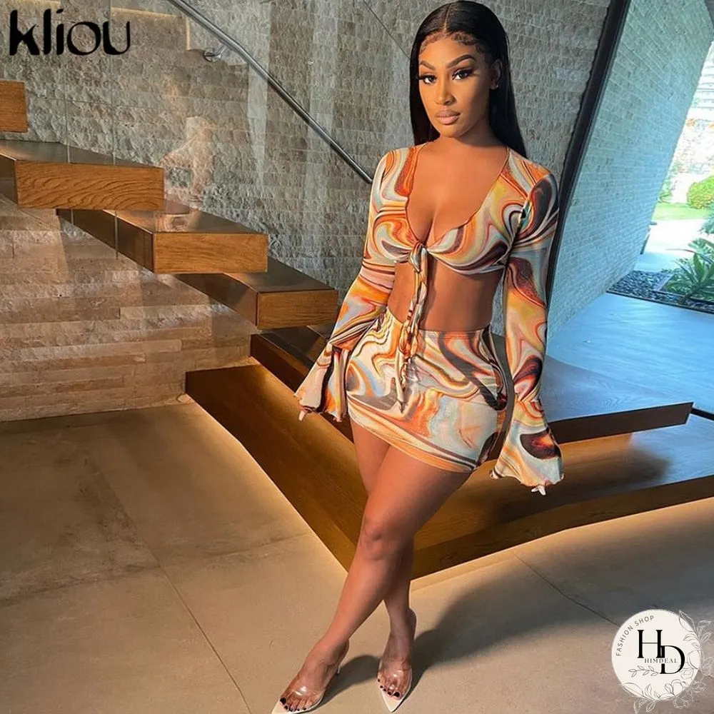 Kliou Bow Lace Print Sheath Sexy Women Two Piece Sets Flare Sleeve V-Neck Hot Female Mesh