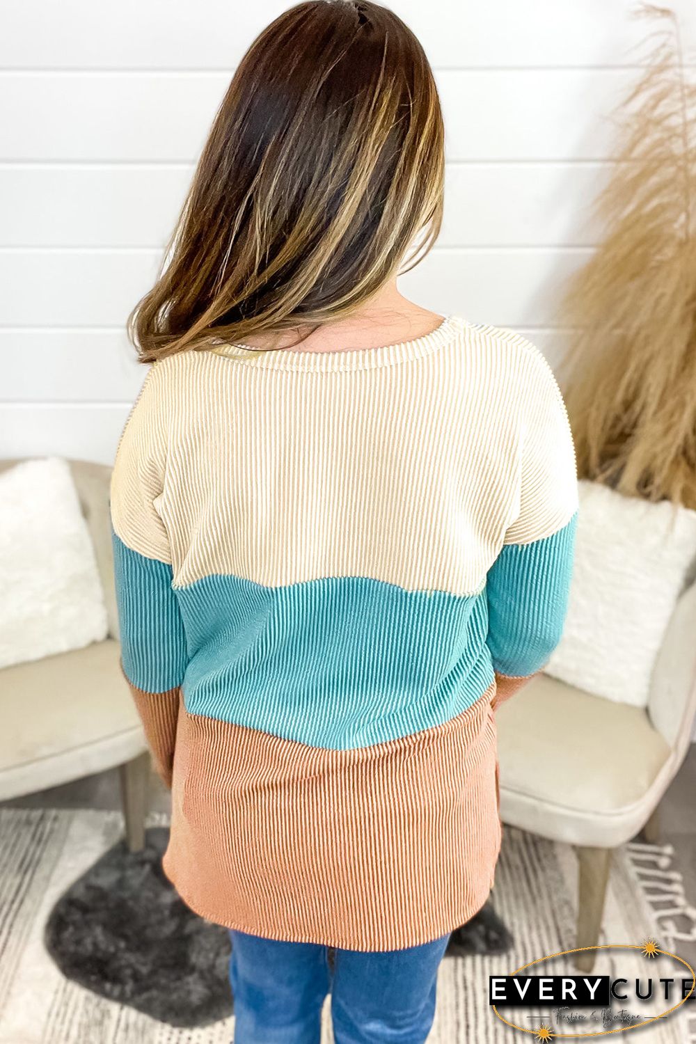 Multicolor Color Block Wavy Ribbed Pullover