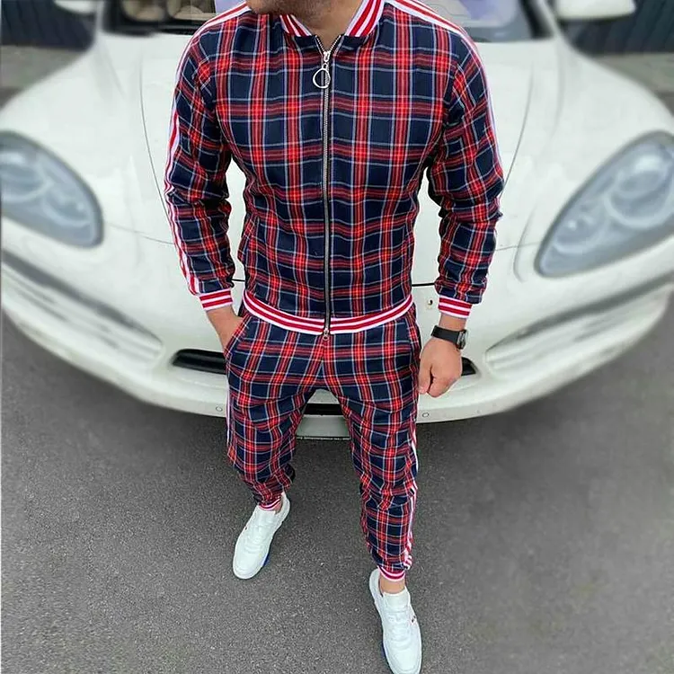 Men's Retro Casual Plaid Print Zipper Two-Piece Set 