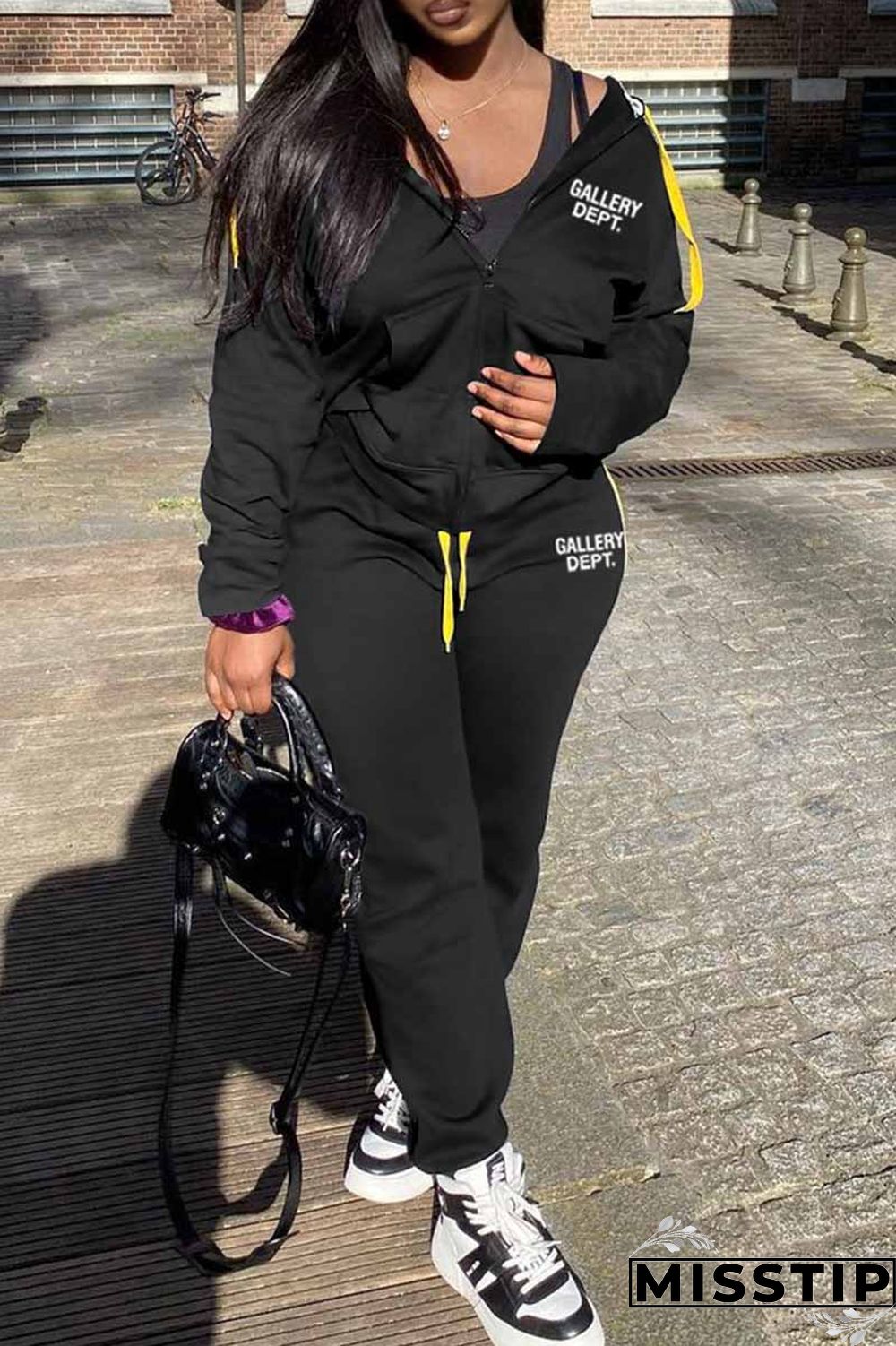 Black Casual Print Letter Hooded Collar Long Sleeve Two Pieces