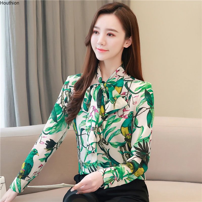 Cartoonh Silk Print Long sleeved Blouse The New Women's Top V-neck Bow Fashion Casual Shirt Korean Style Female Clothing