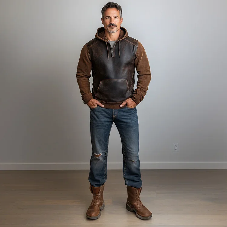 Men's PU Leather Patchwork Corduroy Hoodie-inspireuse