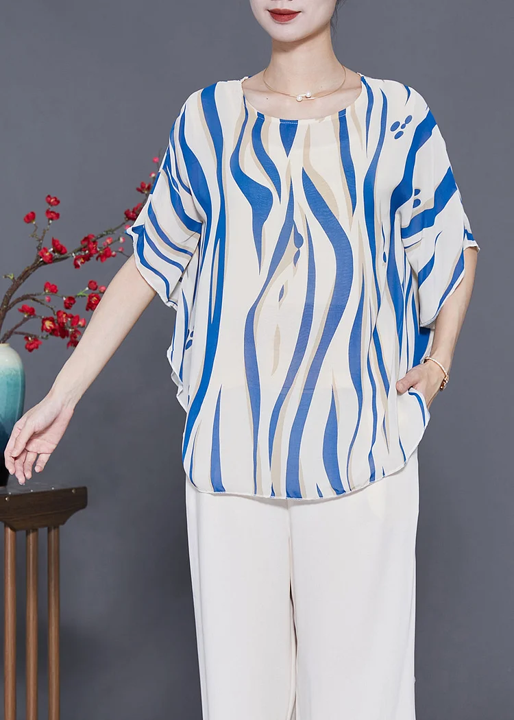 Blue Striped Silk Tank Tops Oversized Batwing Sleeve