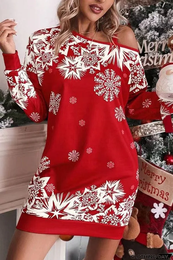 Christmas Snowflake Cold Shoulder Loose Sweatshirt Mini Dress