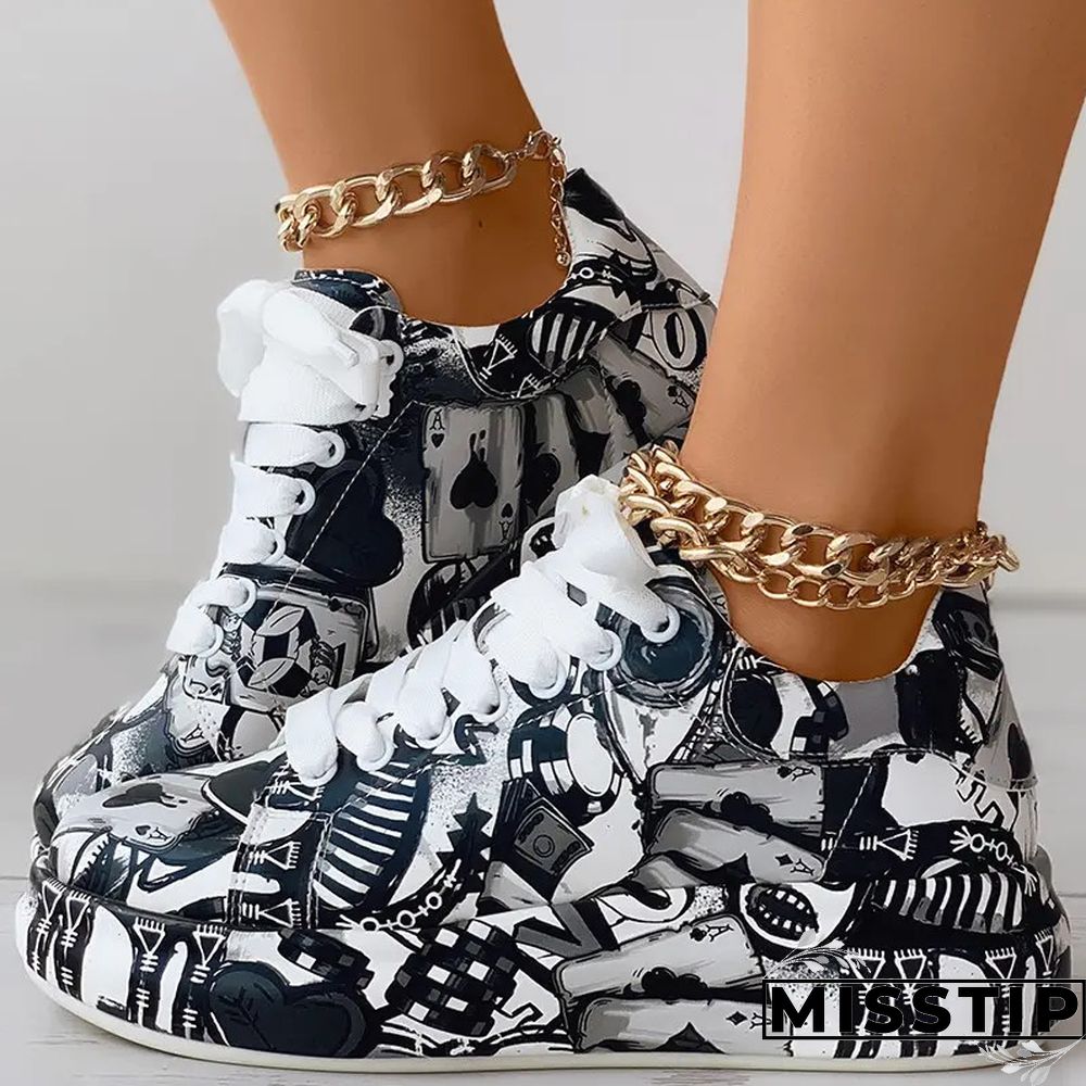 Black Fashion Casual Bandage Graffiti Round Comfortable Out Door Shoes
