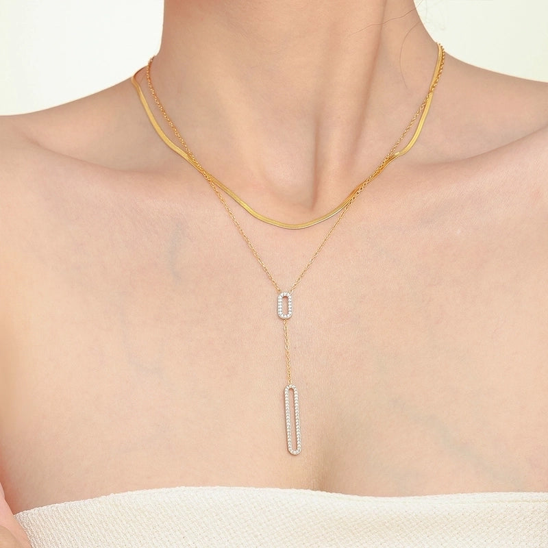 Elegant Luxurious Vacation Rectangle Titanium Steel 18K Gold Plated Rhinestone Necklace