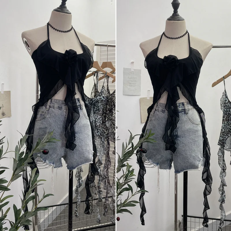 Churchf Special Price Sexy Hot Babes Hanging Backs Her Neck Short Leopard Sling Vest Flowers Lotus Leaves Floating Clothes 2610