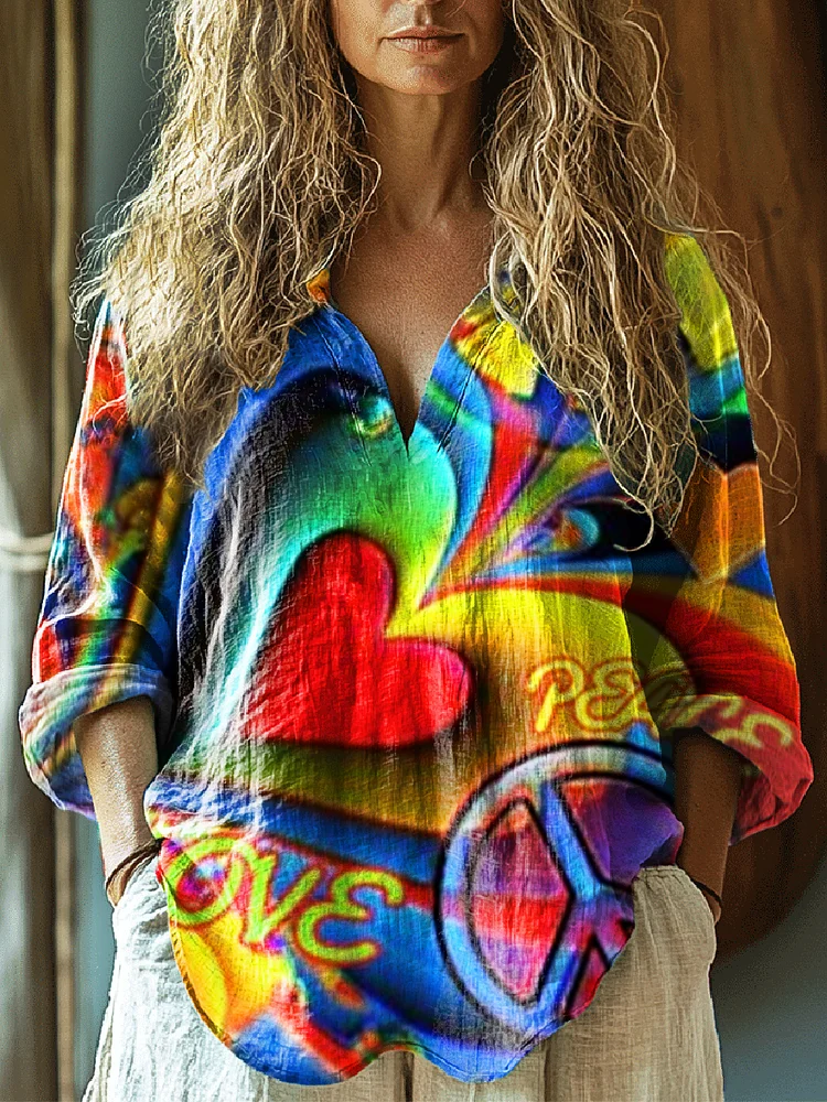 Women's Hippie Love Art Print Casual Linen V-neck Shirt