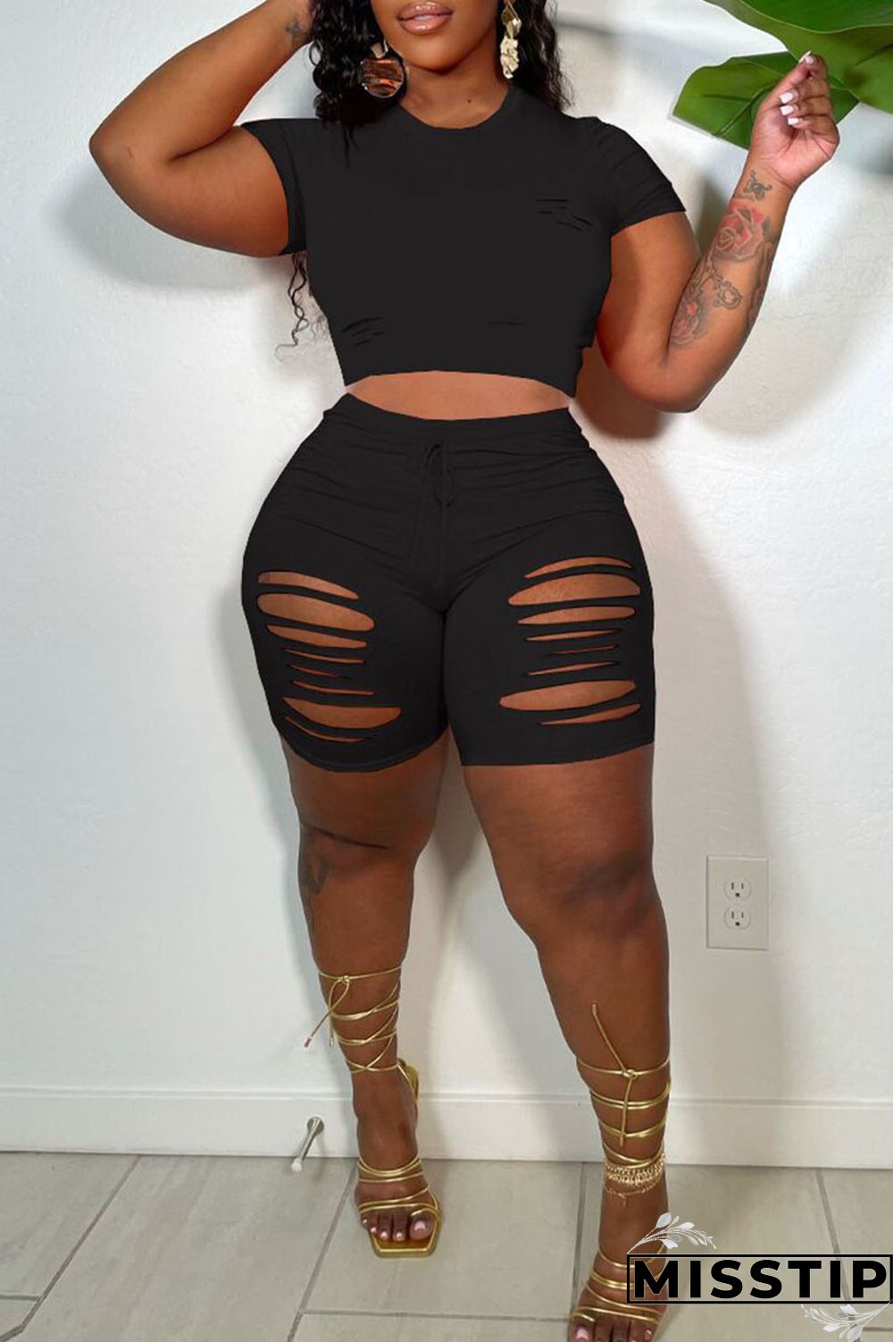 Black Casual Solid Ripped Patchwork O Neck Short Sleeve Two Pieces