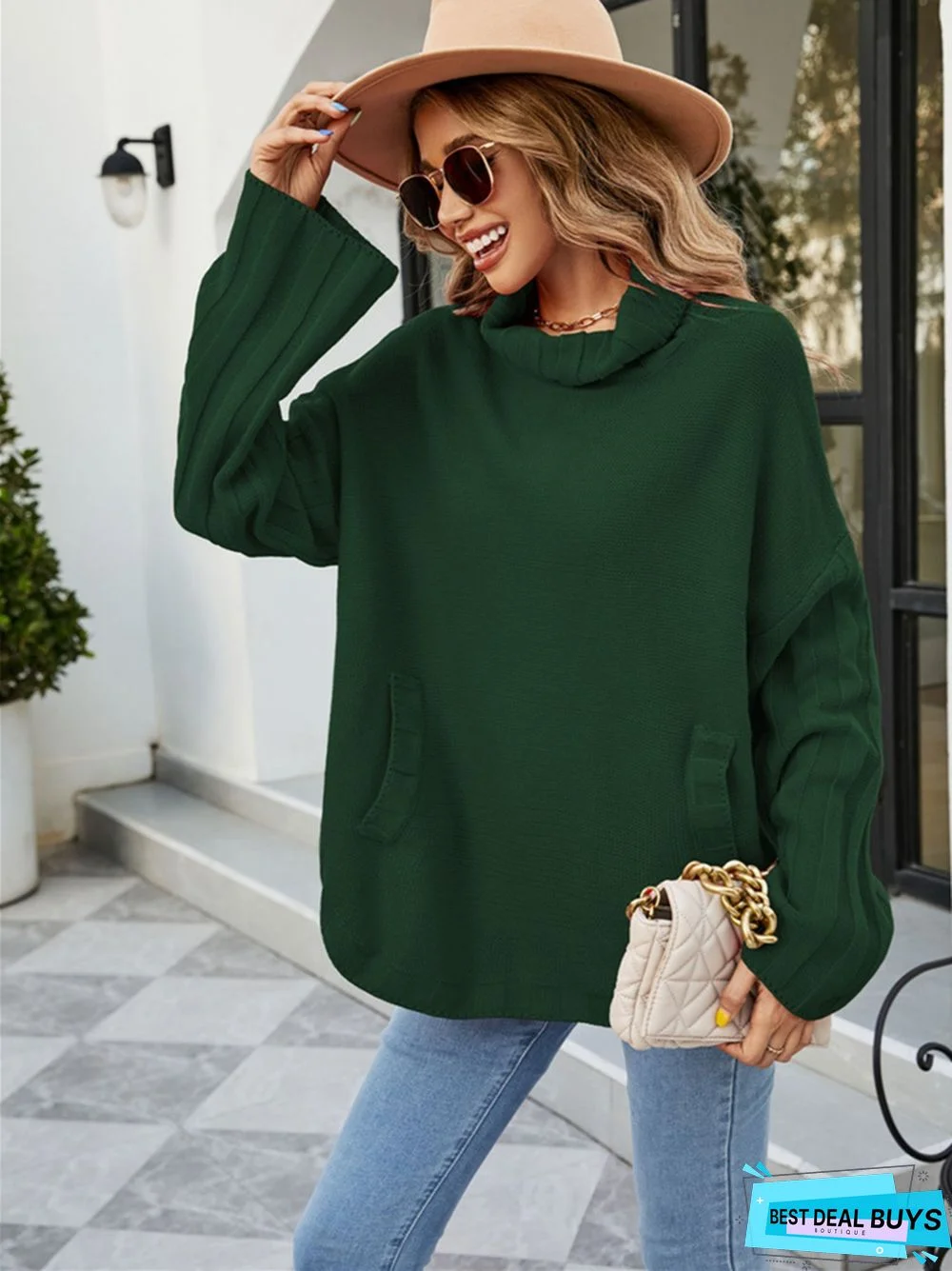 Solid Color Pullover Knit Loose Large High Neck Sweater