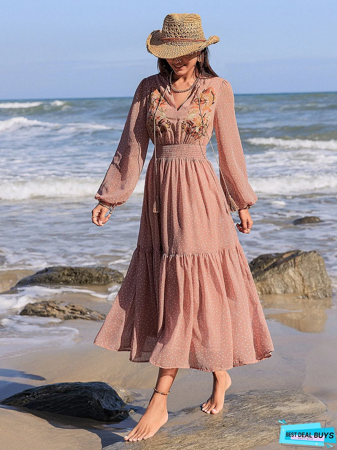 Embroidered Polka Dot Tie Neck Long Sleeve Midi Dress