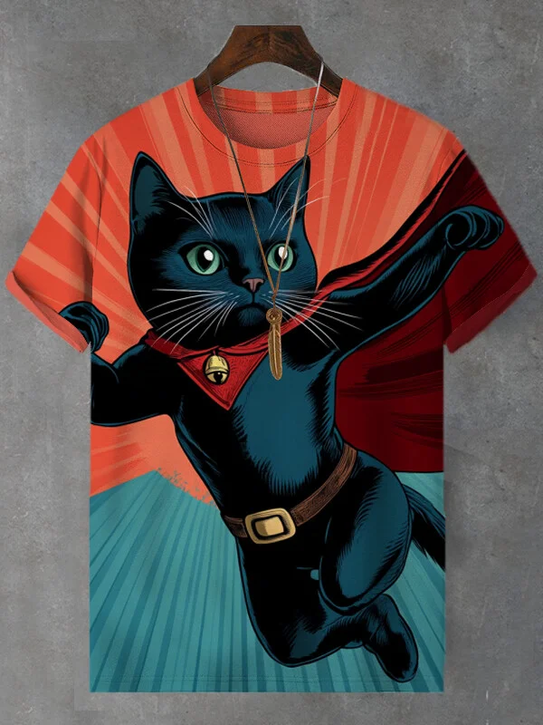 Men's Flying Super Black Cat Graphic Print T-Shirt