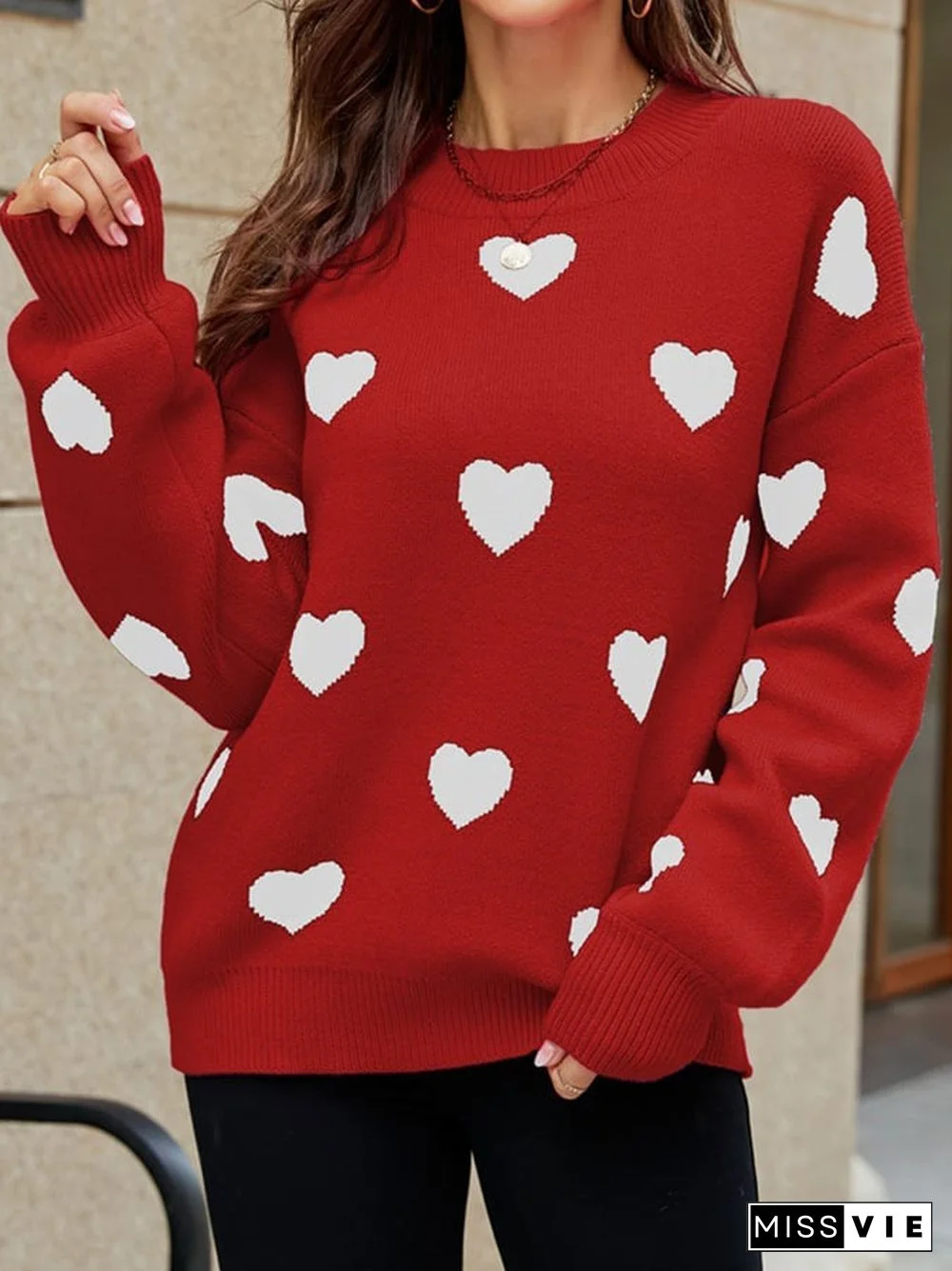 Sweet Heart Jacquard Round Neck Loose Sweater