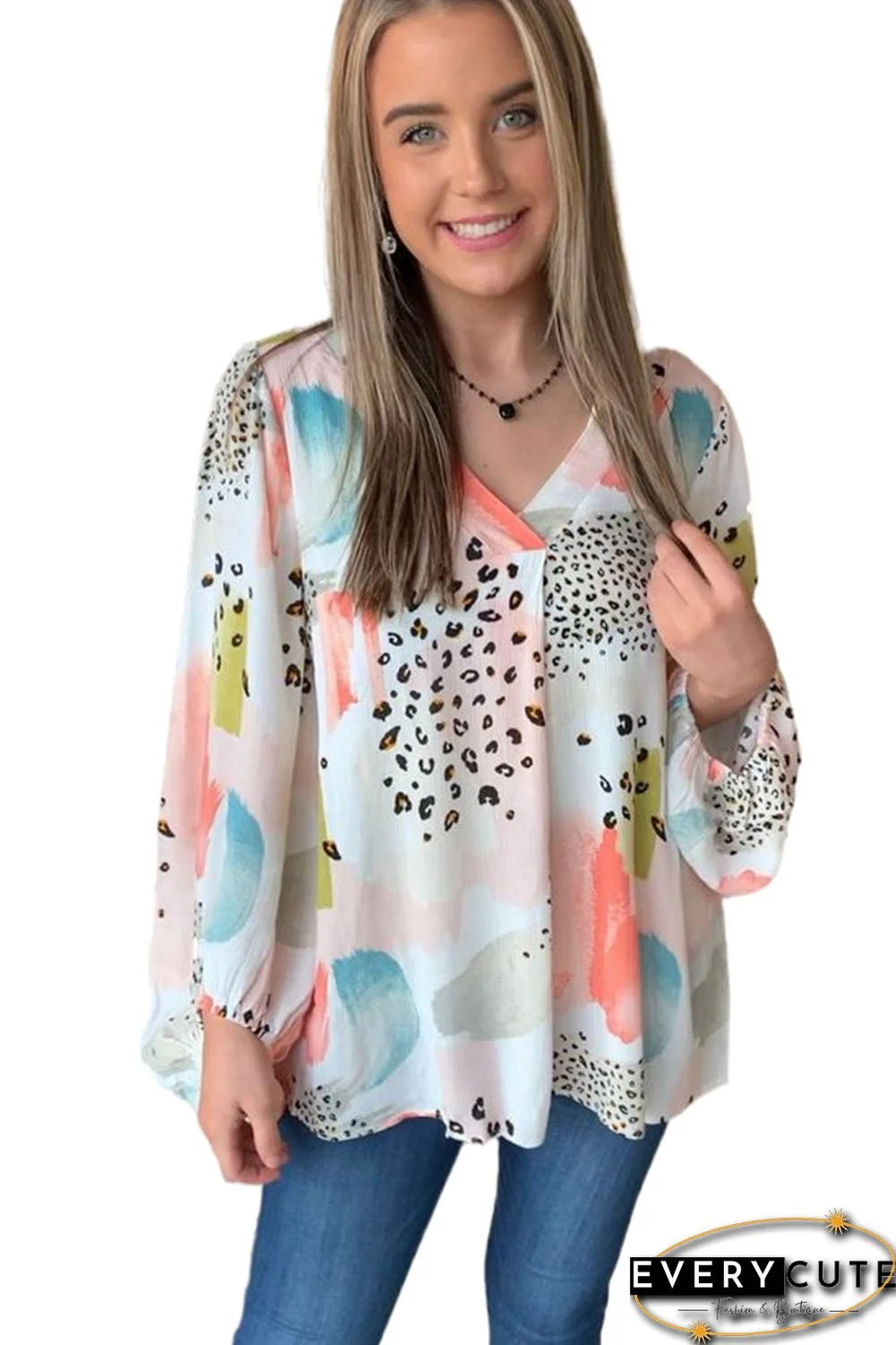 Multicolor Paint Palette Leopard Print Loose Top